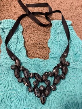 Black Crystal Ribbon Tie Statement Necklace